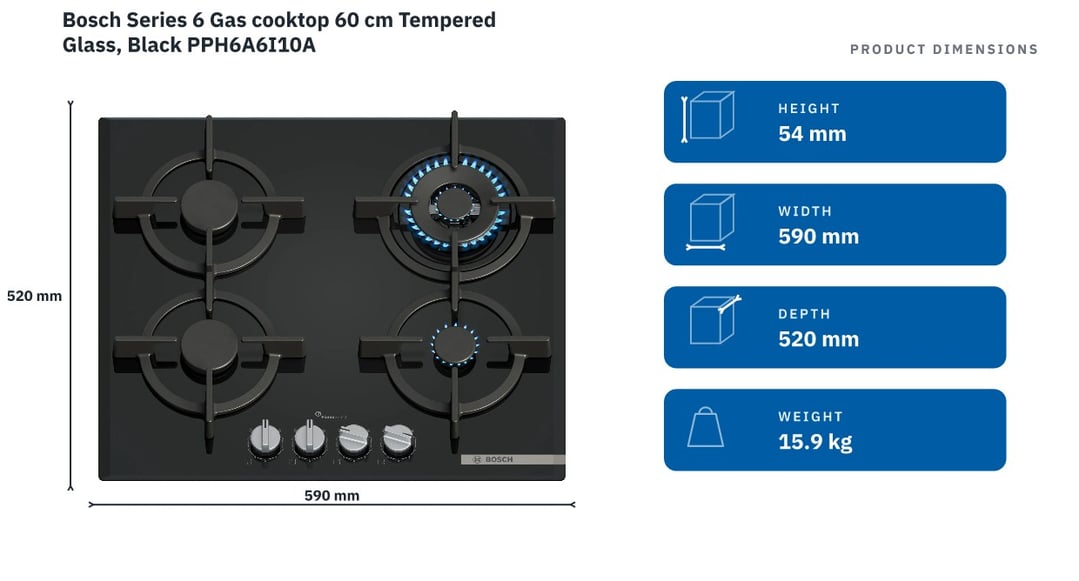 Bosch Series 6 Gas cooktop 60 cm Tempered Glass, Black PPH6A6I10A — product dimensions