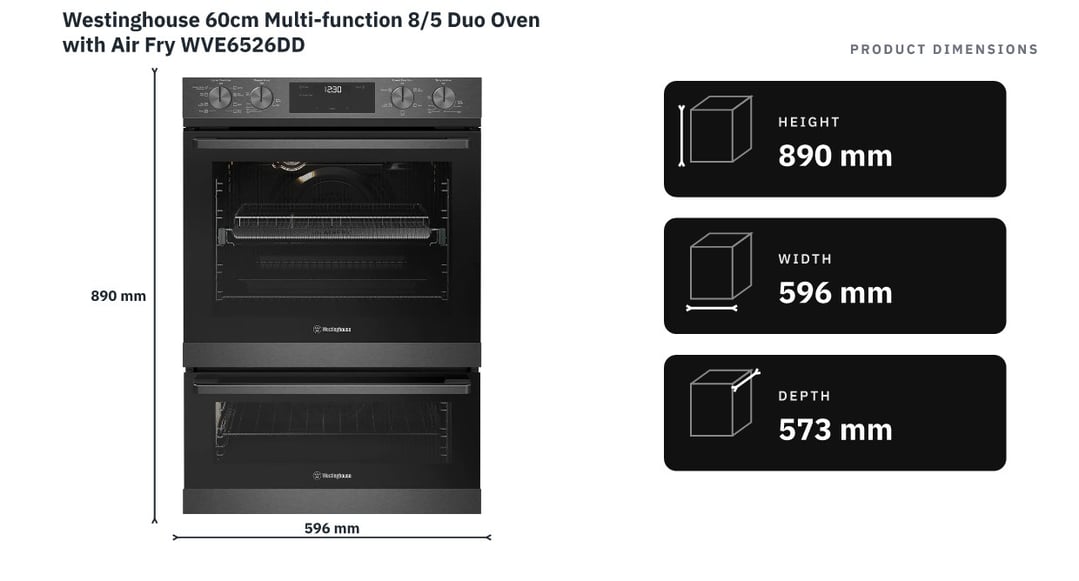 Westinghouse 60cm Multi-function 8/5 Duo Oven with Air Fry WVE6526DD — product dimensions