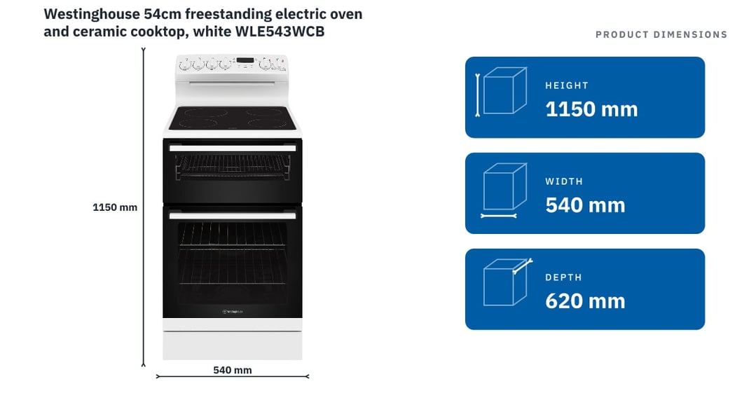 Westinghouse 54cm freestanding electric oven and ceramic cooktop, white WLE543WCB