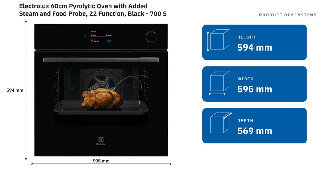 Electrolux 60cm Pyrolytic Oven with Added Steam and Food Probe, 22 Function, Black - 700 Series EVEP6818BF
