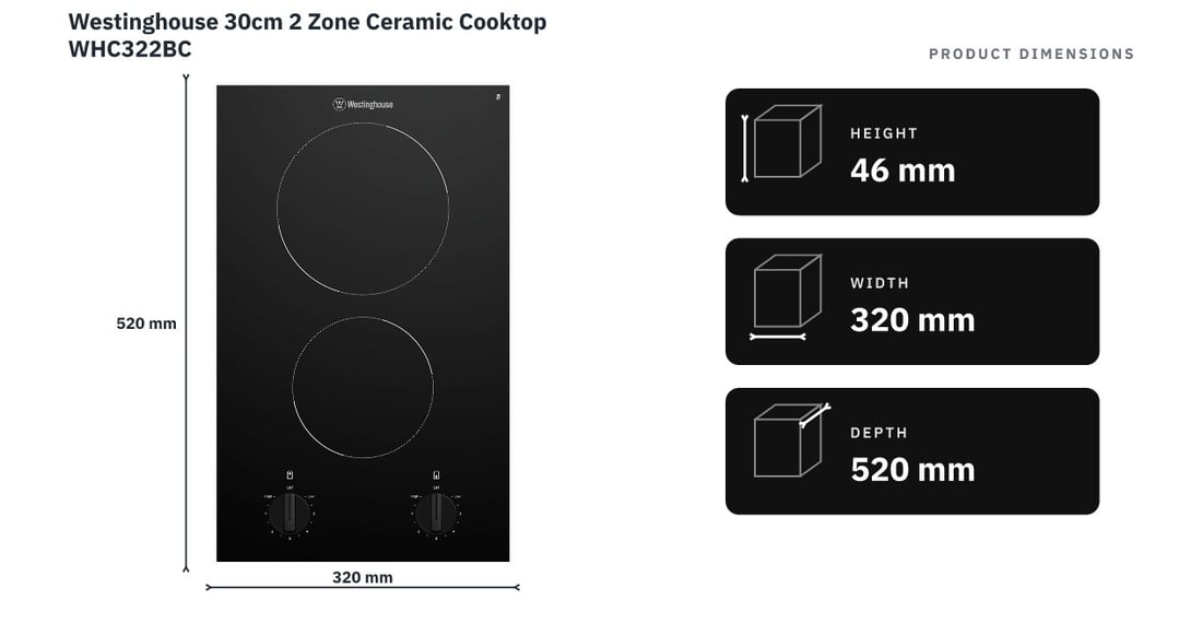 Westinghouse 30cm 2 Zone Ceramic Cooktop WHC322BC — product dimensions