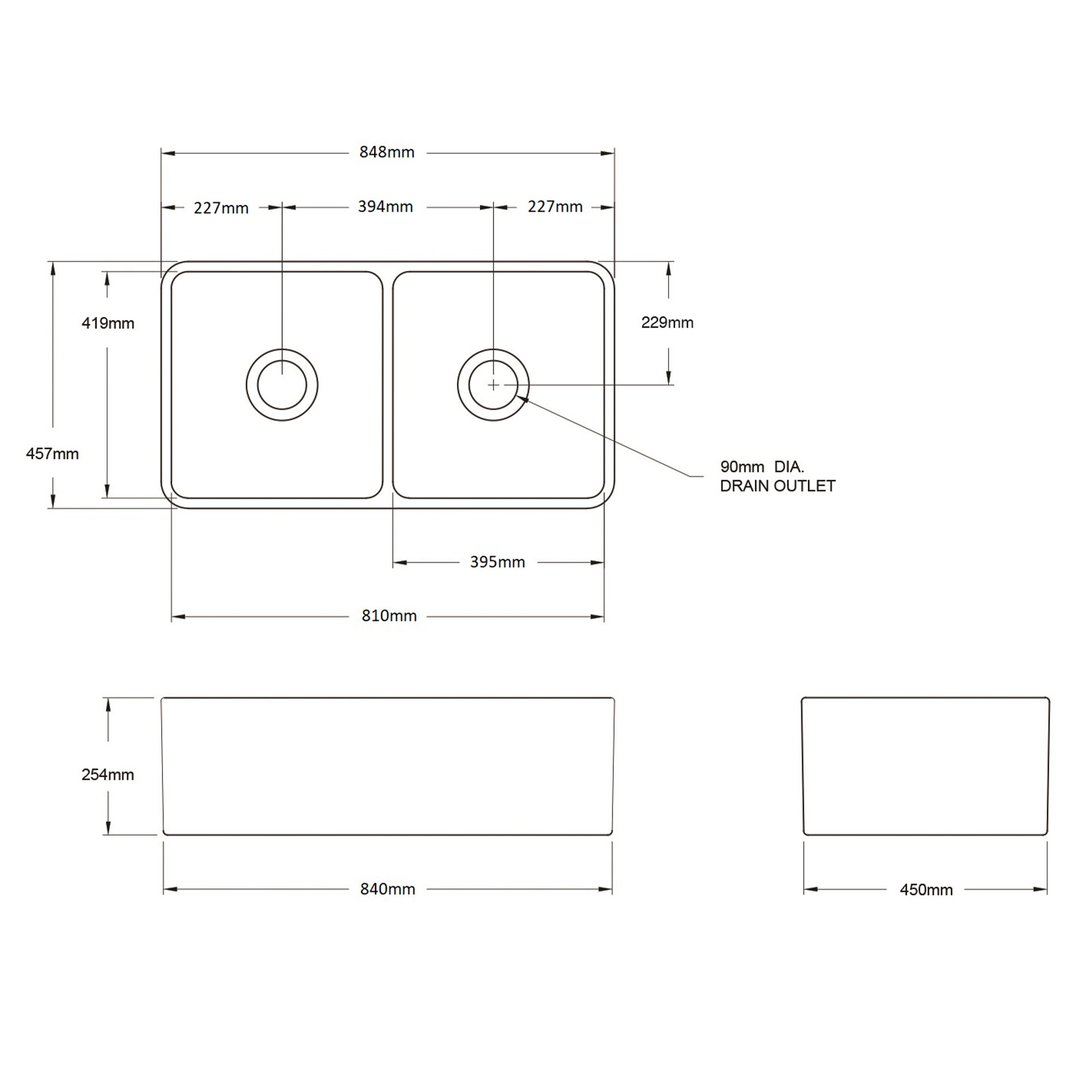 Turner Hastings Novi 85x46 Double Bowl Fireclay Butler Sink - Matte White NO853FS-MW
