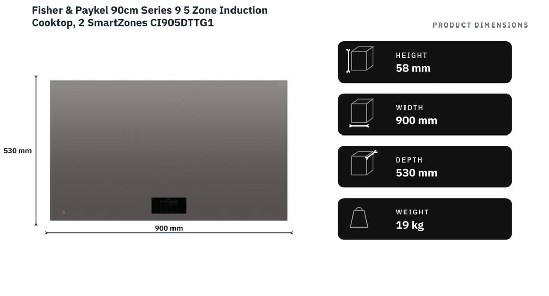 Fisher & Paykel 90cm Series 9 5 Zone Induction Cooktop, 2 SmartZones CI905DTTG1 — product dimensions