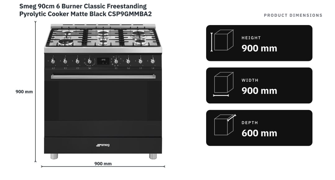 Smeg 90cm 6 Burner Classic Freestanding Pyrolytic Cooker Matte Black CSP9GMMBA2 — product dimensions