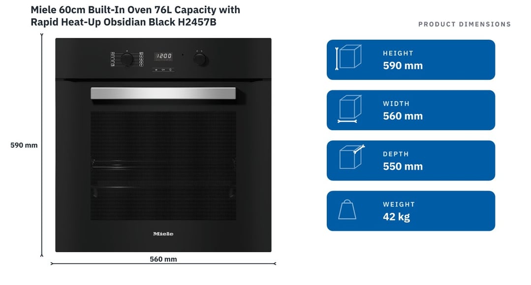 Miele 60cm Built-In Oven 76L Capacity with Rapid Heat-Up Obsidian Black H2457B