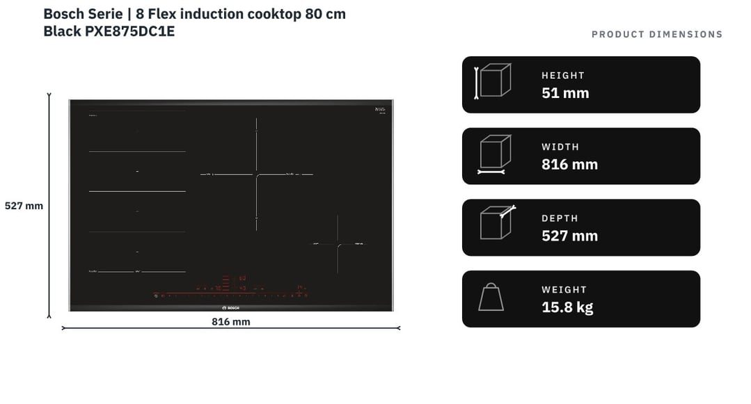 Bosch Serie | 8 Flex induction cooktop 80 cm Black PXE875DC1E — product dimensions