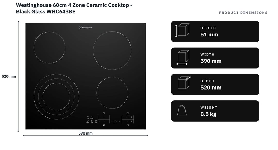 Westinghouse 60cm 4 Zone Ceramic Cooktop - Black Glass WHC643BE — product dimensions
