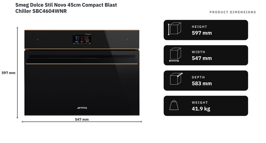 Smeg Dolce Stil Novo 45cm Compact Blast Chiller SBC4604WNR — product dimensions