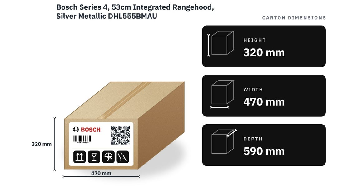 Bosch Series 4, 53cm Integrated Rangehood, Silver Metallic DHL555BMAU — packaged dimensions