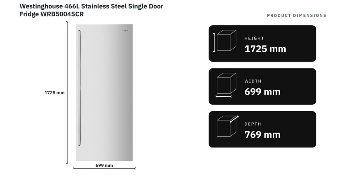 Westinghouse 466L Stainless Steel Single Door Fridge WRB5004SCR — product dimensions