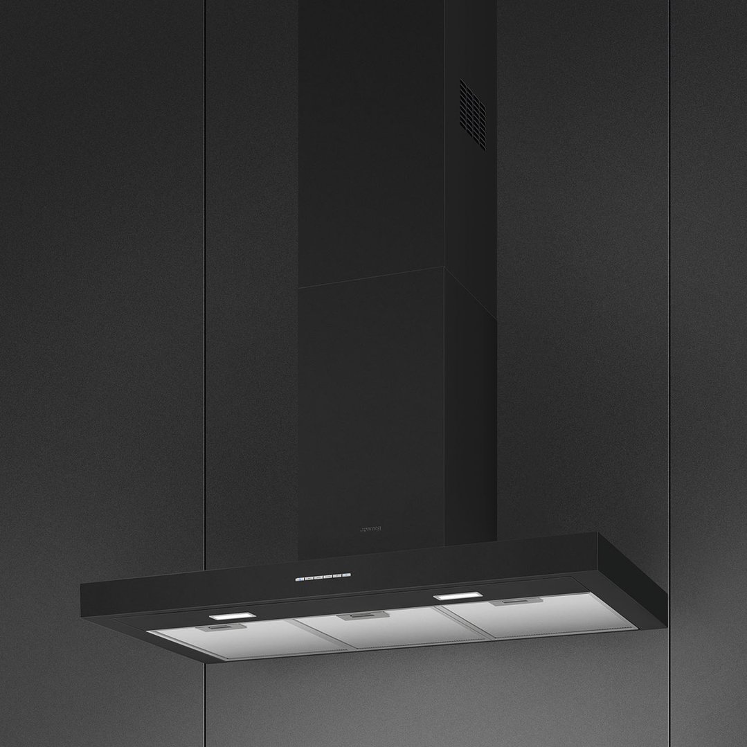 Smeg 90cm T Shaped Canopy Rangehood Black Gloss KBTAU900NE