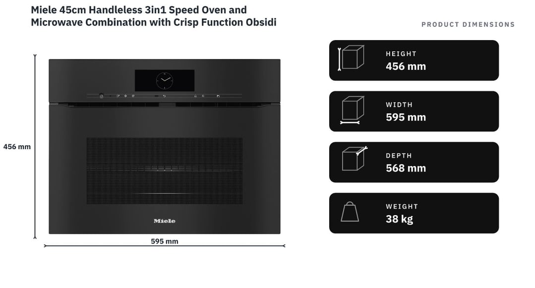 Miele 45cm Handleless 3in1 Speed Oven and Microwave Combination with Crisp Function Obsidian Black H7840BMXOBSW — product dimensions