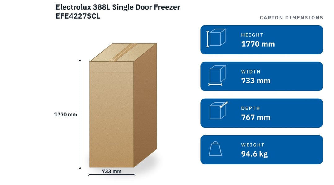 Electrolux 388L Single Door Freezer EFE4227SCL — packaged dimensions