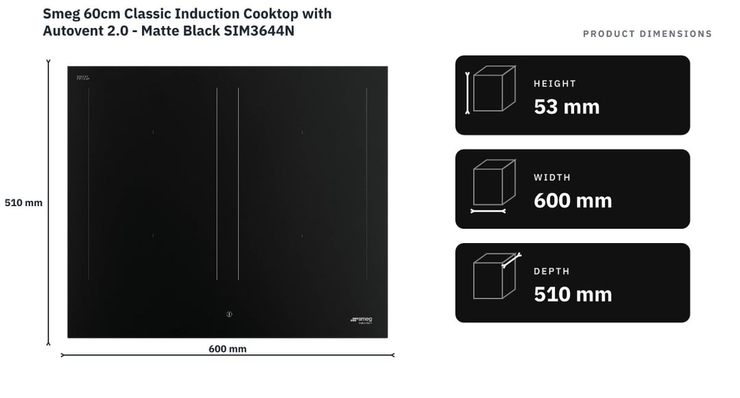 Smeg 60cm Classic Induction Cooktop with Autovent 2.0 - Matte Black SIM3644N — product dimensions