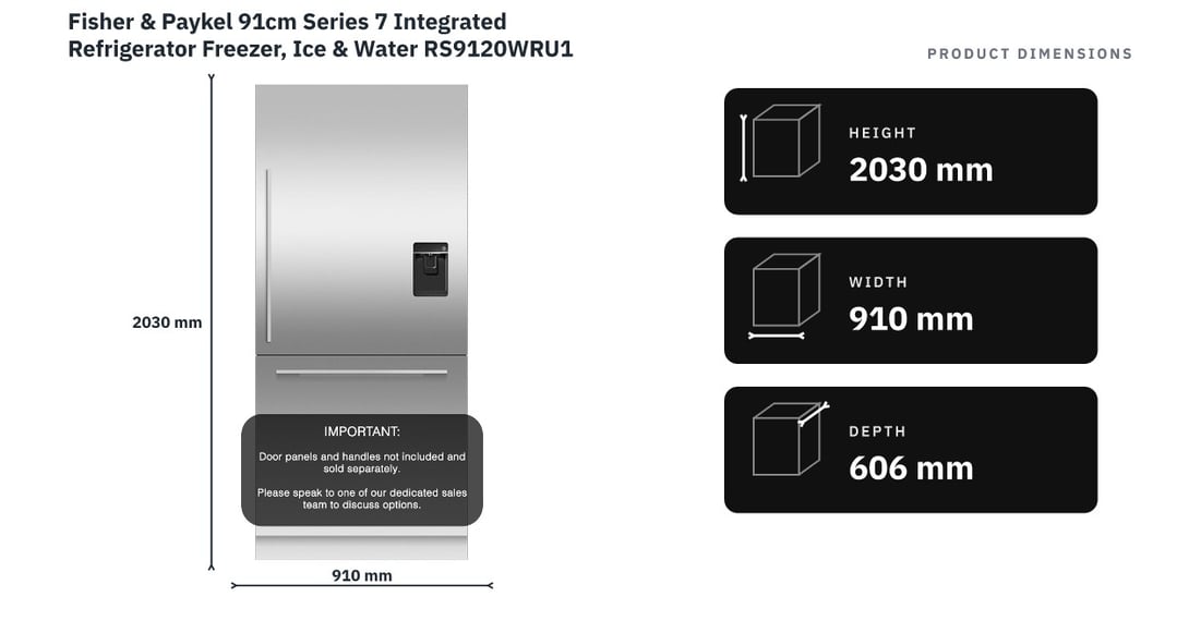 Fisher & Paykel 91cm Series 7 Integrated Refrigerator Freezer, Ice & Water RS9120WRU1 — product dimensions