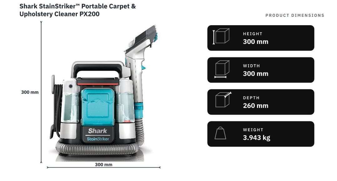 Shark StainStriker™ Portable Carpet & Upholstery Cleaner PX200 — product dimensions