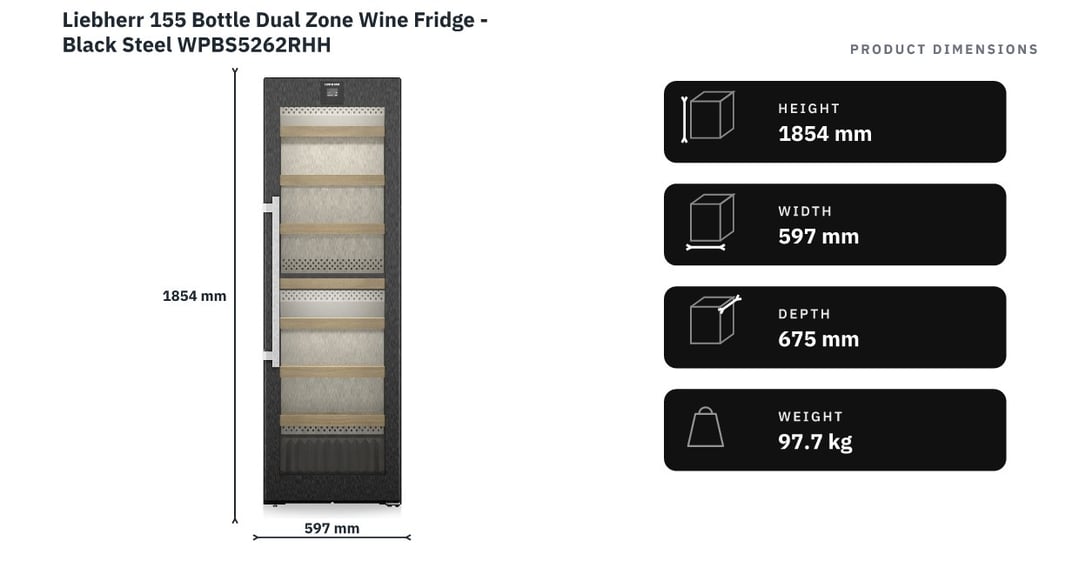 Liebherr 155 Bottle Dual Zone Wine Fridge - Black Steel WPBS5262RHH — product dimensions