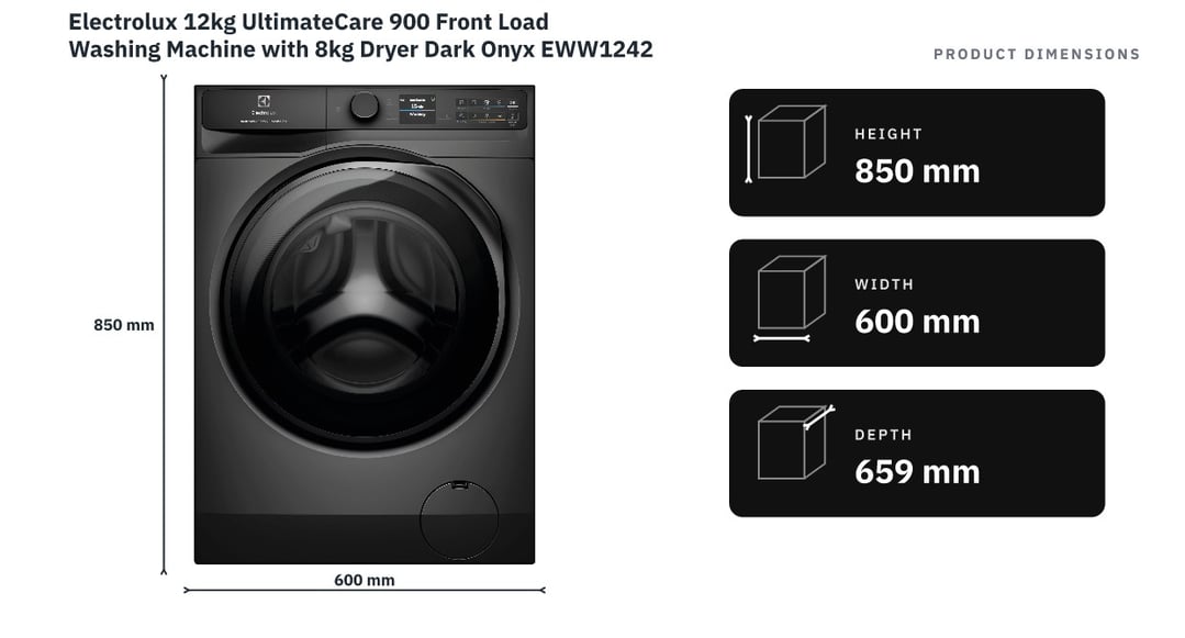 Electrolux 12kg UltimateCare 900 Front Load Washing Machine with 8kg Dryer Dark Onyx EWW1242R9SCS — product dimensions