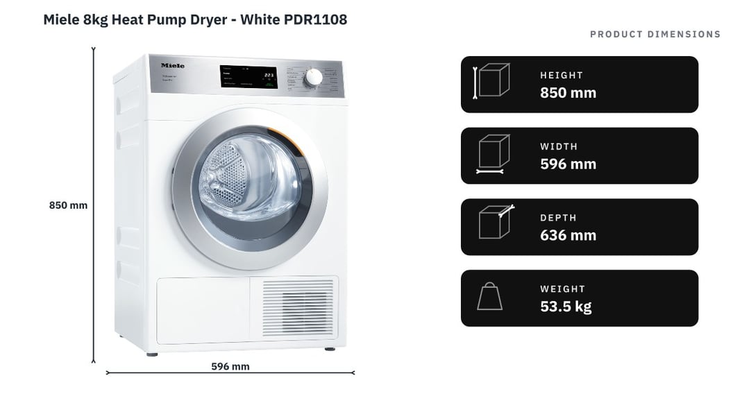 Miele 8kg Heat Pump Dryer - White PDR1108 — product dimensions