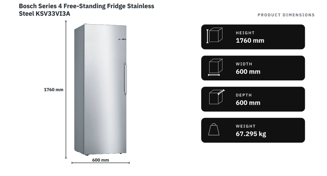 Bosch Series 4 Free-Standing Fridge Stainless Steel KSV33VI3A — product dimensions