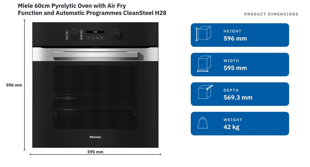 Miele 60cm Pyrolytic Oven with Air Fry Function and Automatic Programmes CleanSteel H2861BP
