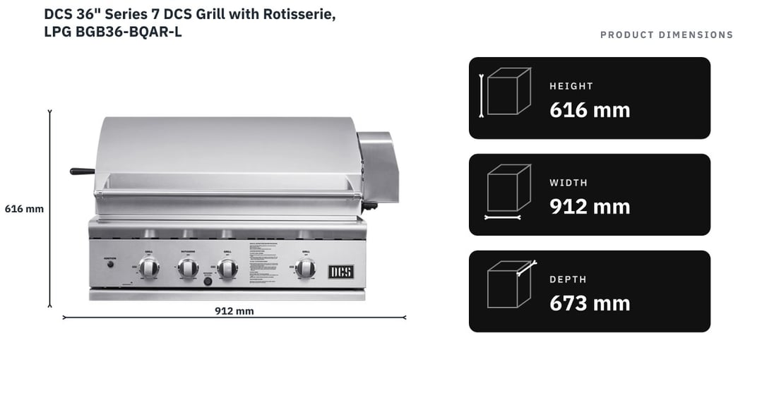 DCS 36" Series 7 DCS Grill with Rotisserie, LPG BGB36-BQAR-L — product dimensions