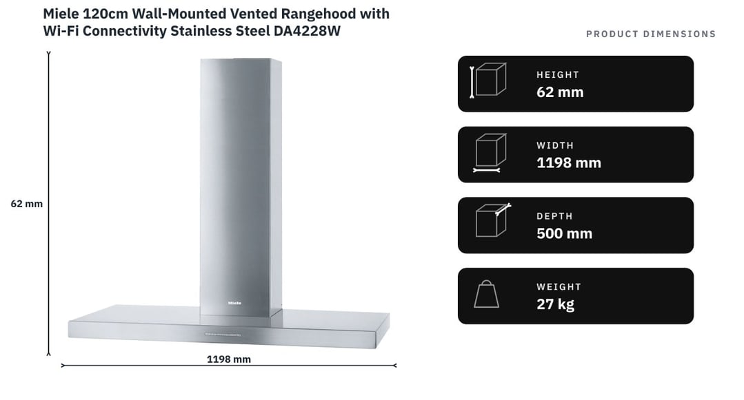 Miele 120cm Wall-Mounted Vented Rangehood with Wi-Fi Connectivity Stainless Steel DA4228W — product dimensions