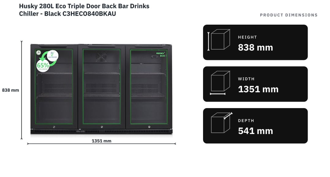 Husky 280L Eco Triple Door Back Bar Drinks Chiller - Black C3HECO840BKAU — product dimensions