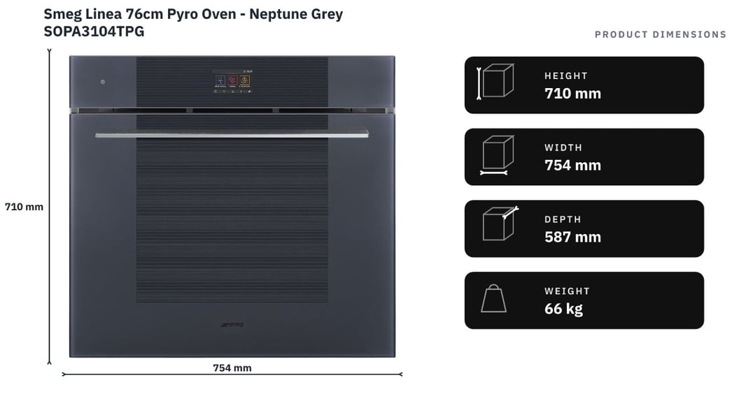 Smeg Linea 76cm Pyro Oven - Neptune Grey SOPA3104TPG — product dimensions
