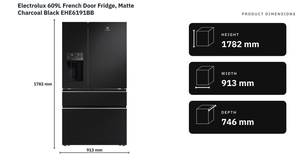 Electrolux 609L French Door Fridge, Matte Charcoal Black EHE6191BB — product dimensions