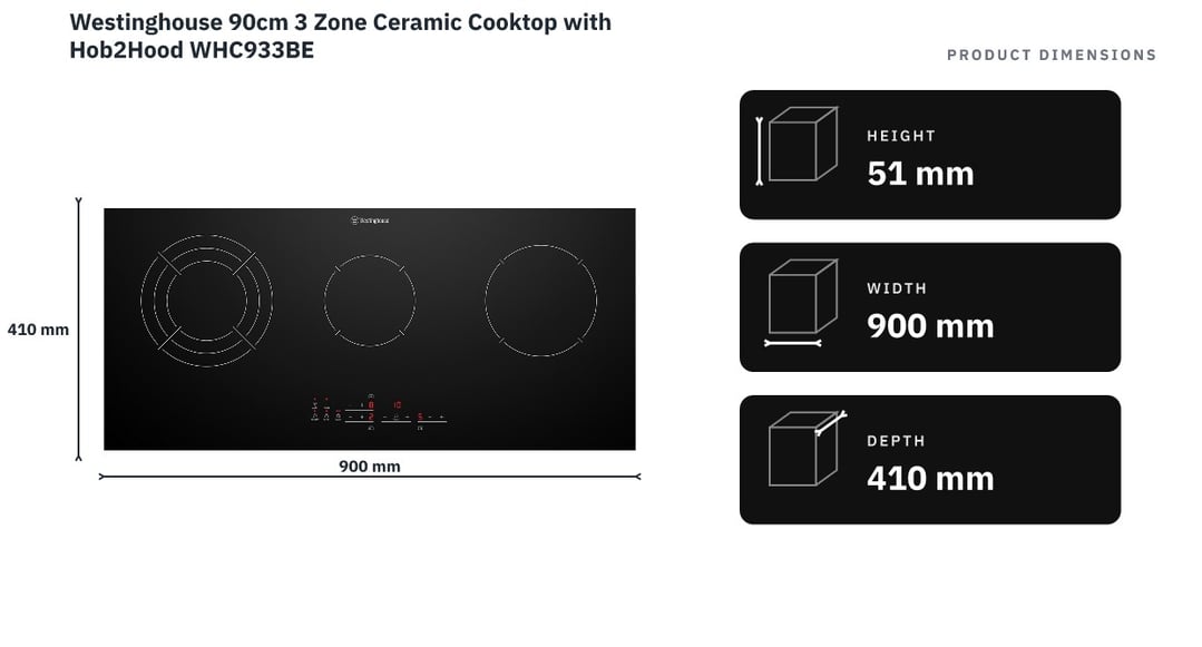 Westinghouse 90cm 3 Zone Ceramic Cooktop with Hob2Hood WHC933BE — product dimensions