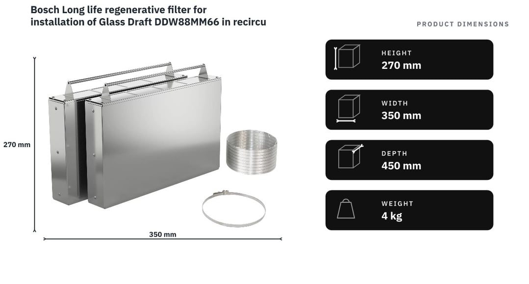 Bosch Long life regenerative filter for installation of Glass Draft DDW88MM66 in recirculation mode DSZ1WW1J1 — product dimensions