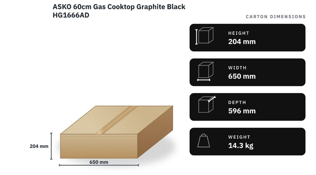 ASKO 60cm Gas Cooktop Graphite Black HG1666AD — packaged dimensions