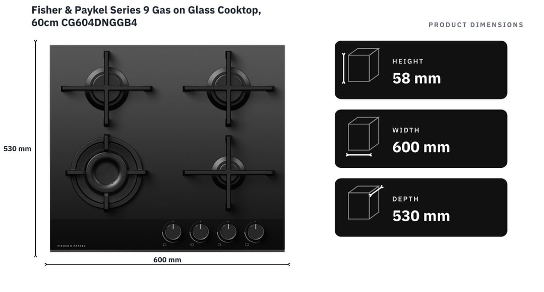 Fisher & Paykel Series 9 Gas on Glass Cooktop, 60cm CG604DNGGB4 — product dimensions