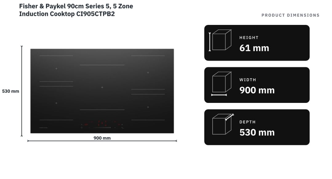 Fisher & Paykel 90cm Series 5, 5 Zone Induction Cooktop CI905CTPB2 — product dimensions