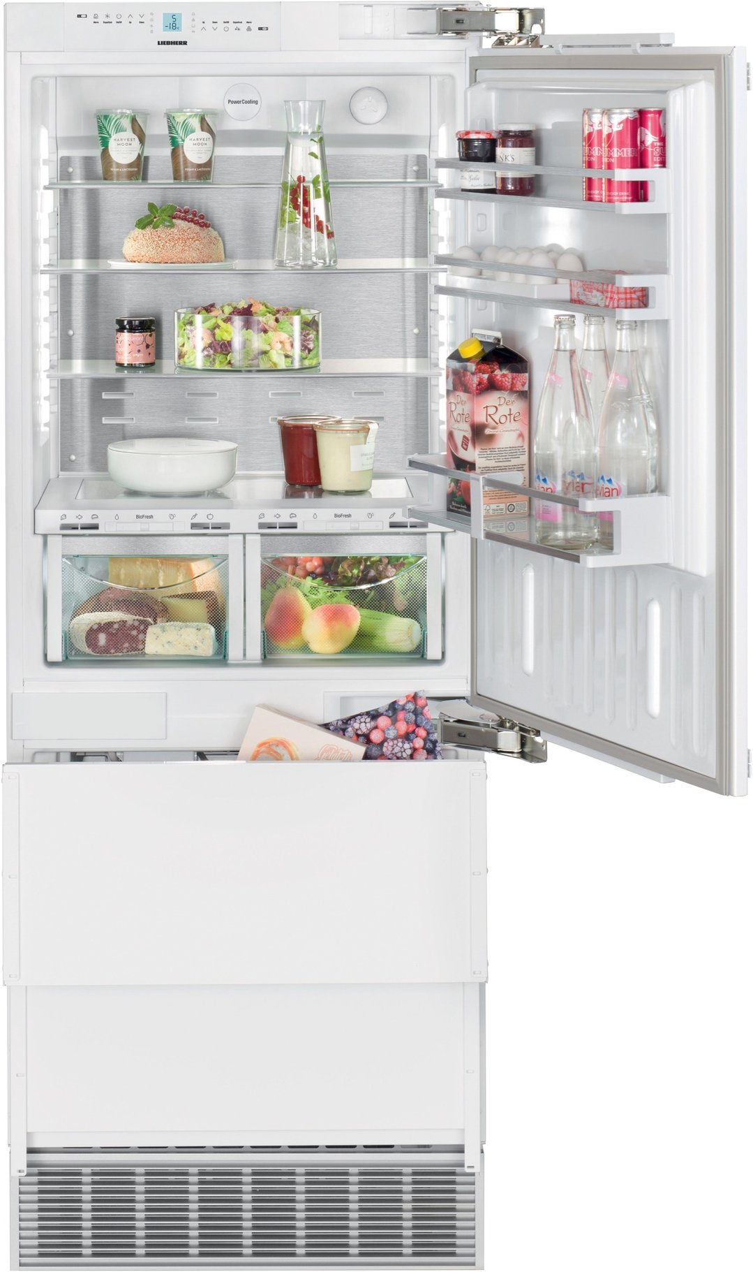 Integrated bottom mount fridge with door open, showing food and drinks inside