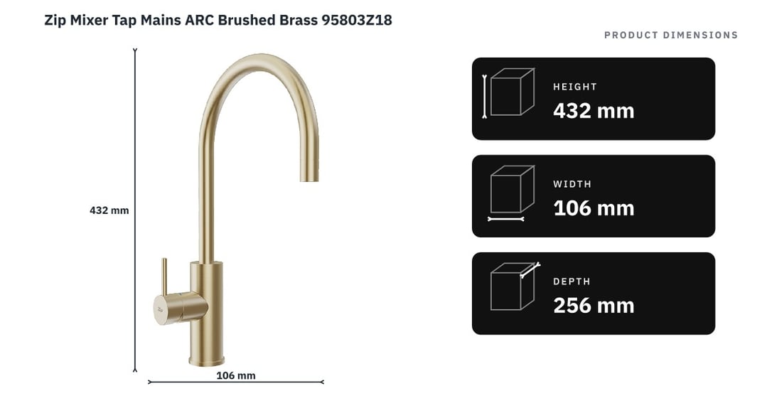 Zip Mixer Tap Mains ARC Brushed Brass 95803Z18 — product dimensions