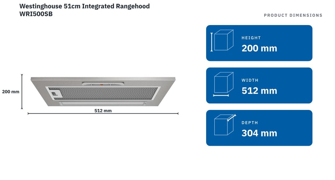Westinghouse 51cm Integrated Rangehood WRI500SB — product dimensions