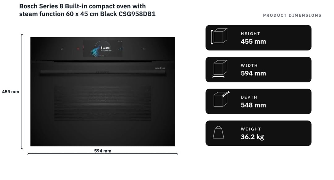 Bosch Series 8 Built-in compact oven with steam function 60 x 45 cm Black CSG958DB1 — product dimensions