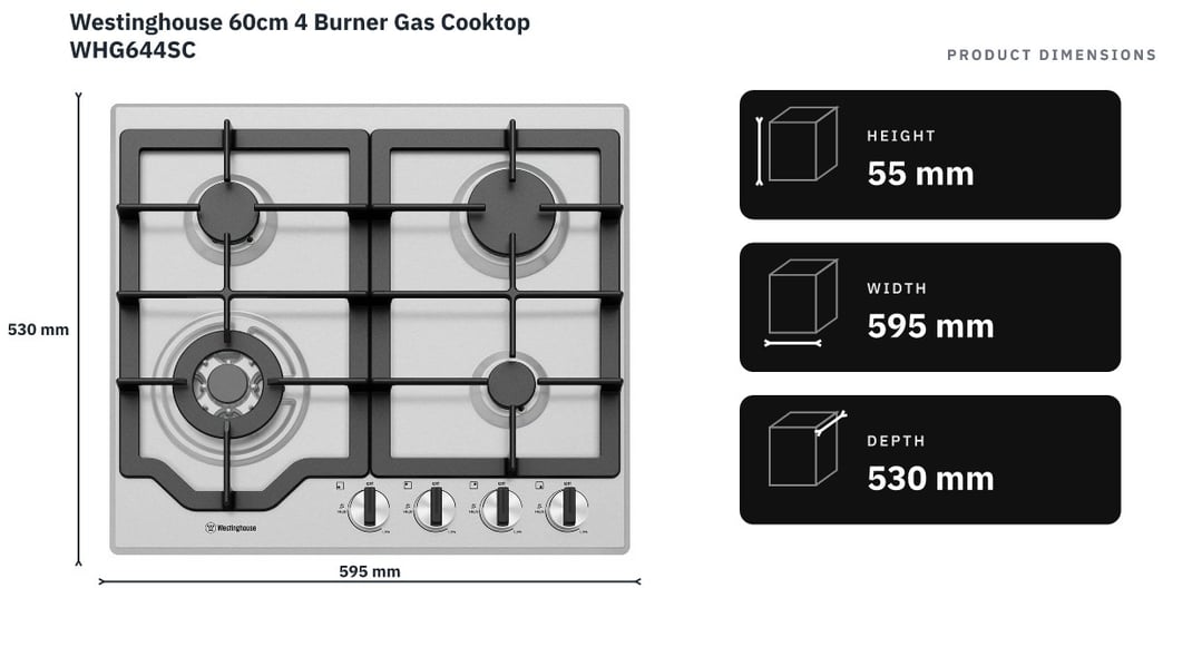 Westinghouse 60cm 4 Burner Gas Cooktop WHG644SC — product dimensions