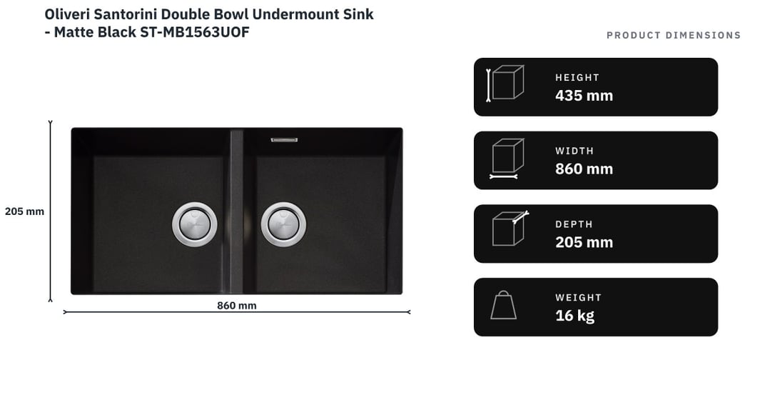 Oliveri Santorini Double Bowl Undermount Sink - Matte Black ST-MB1563UOF — product dimensions