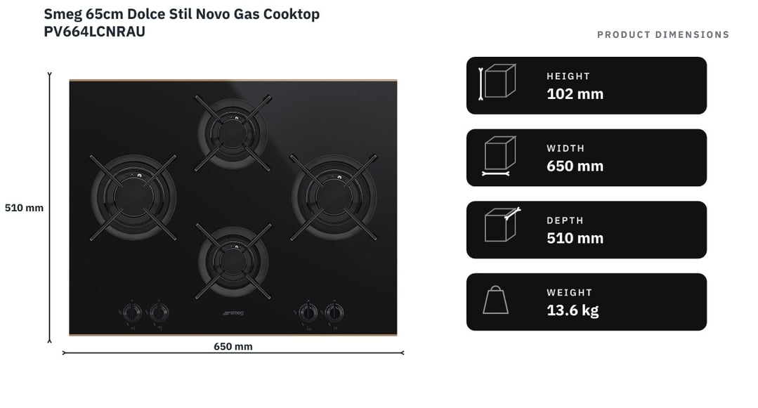 Smeg 65cm Dolce Stil Novo Gas Cooktop PV664LCNRAU — product dimensions
