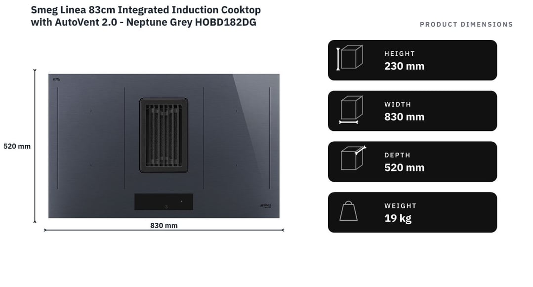 Smeg Linea 83cm Integrated Induction Cooktop with AutoVent 2.0 - Neptune Grey HOBD182DG — product dimensions