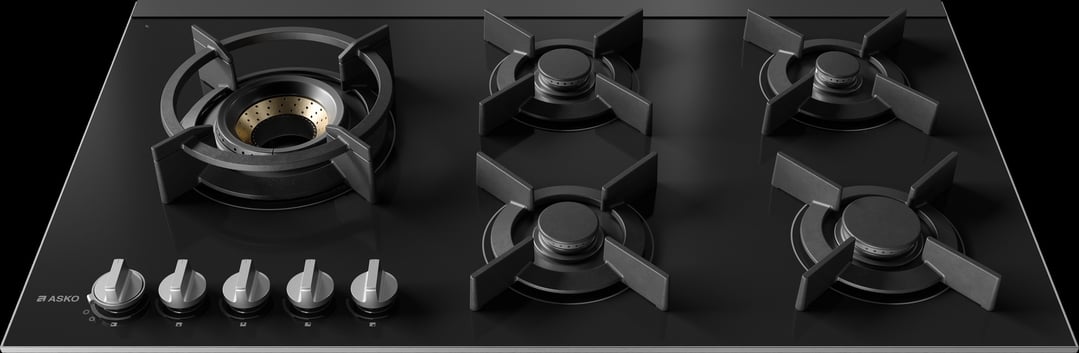 Asko 90cm Hob Gas 5 Burner Volcano Cooktop Black Glass HG8953BGD1