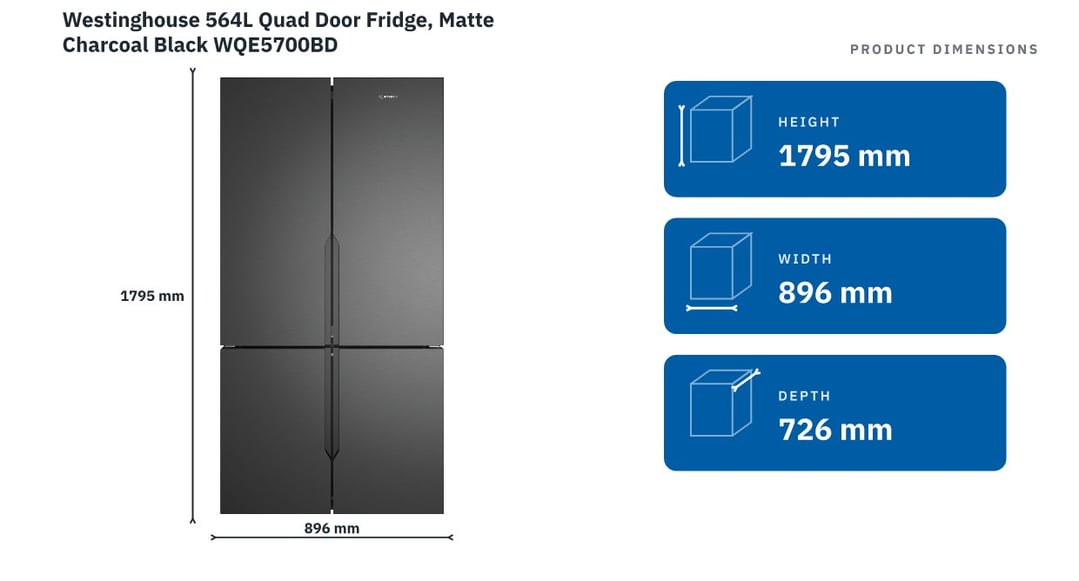 Westinghouse 564L Quad Door Fridge, Matte Charcoal Black WQE5700BD