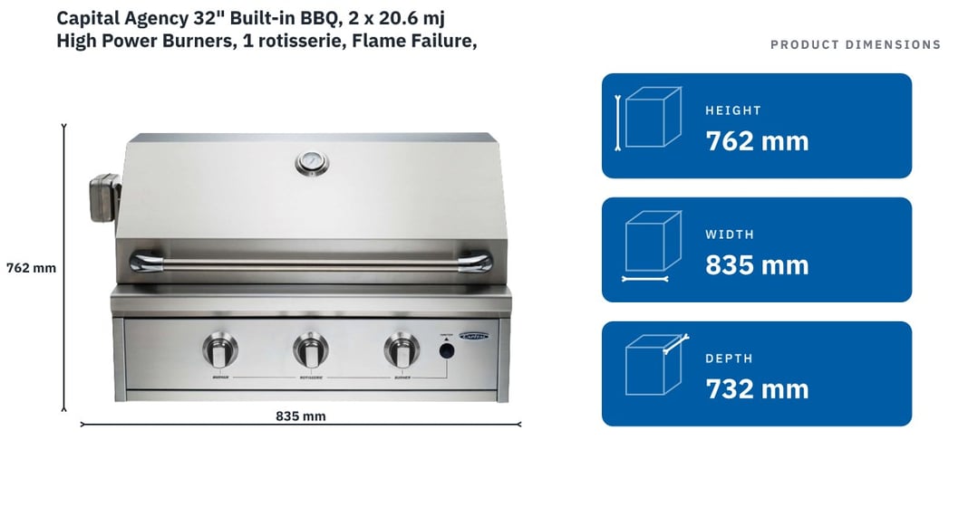 Capital Agency 32" Built-in BBQ, 2 x 20.6 mj High Power Burners, 1 rotisserie, Flame Failure, Tepp Plate, Twin skin lid PRO32RBIL — product dimensions