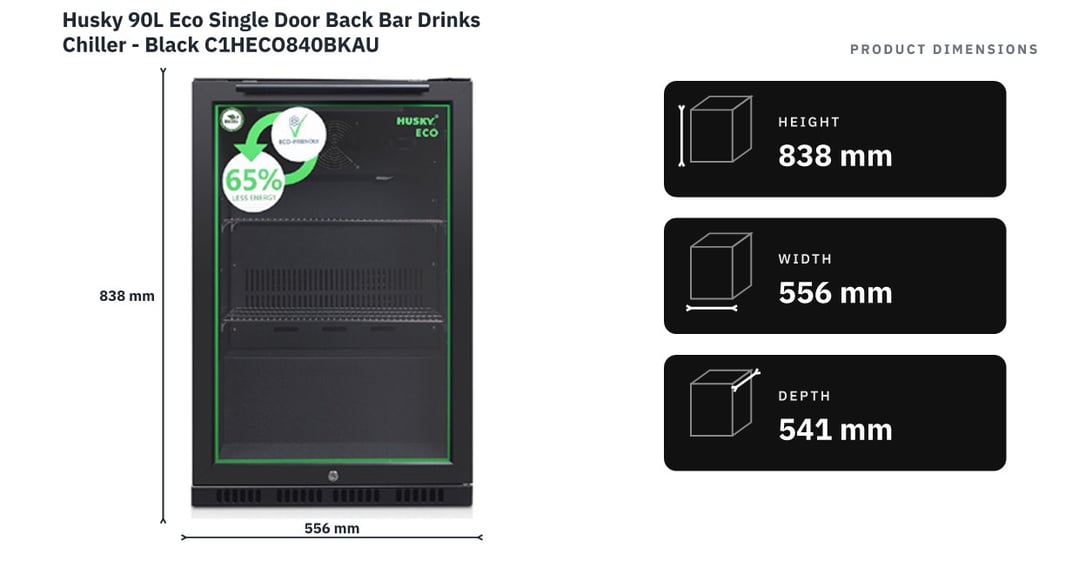 Husky 90L Eco Single Door Back Bar Drinks Chiller - Black C1HECO840BKAU — product dimensions