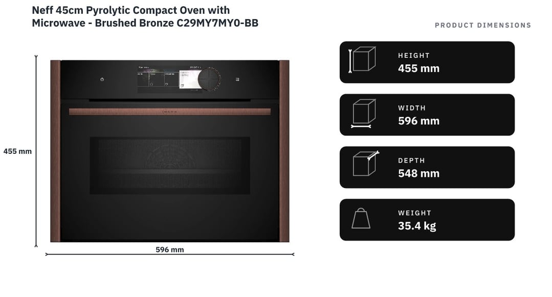 Neff 45cm Pyrolytic Compact Oven with Microwave - Brushed Bronze C29MY7MY0-BB — product dimensions