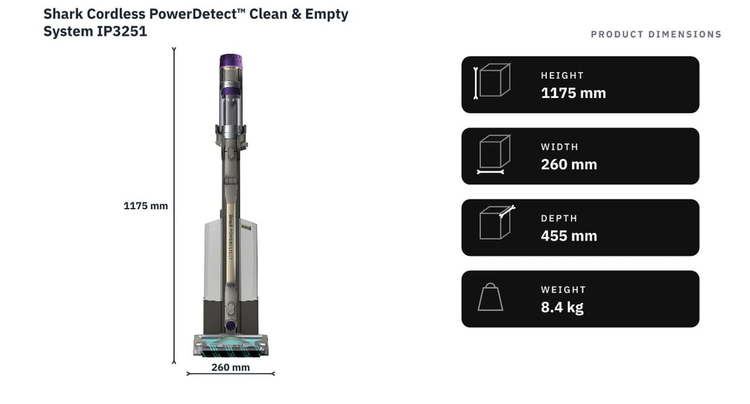 Shark Cordless PowerDetect™ Clean & Empty System IP3251 — product dimensions