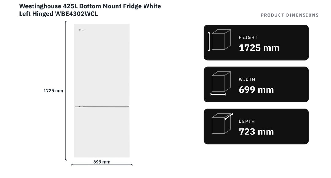 Westinghouse 425L Bottom Mount Fridge White Left Hinged WBE4302WCL — product dimensions